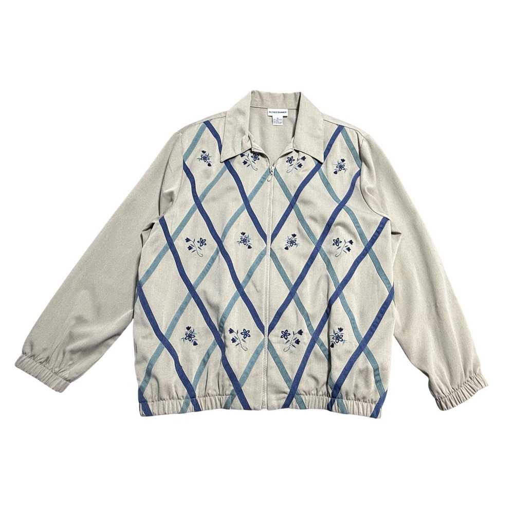 Vintage Alfred Dunner Jacket Womens 16 Beige Embroidered Floral Argyle Zip 90s